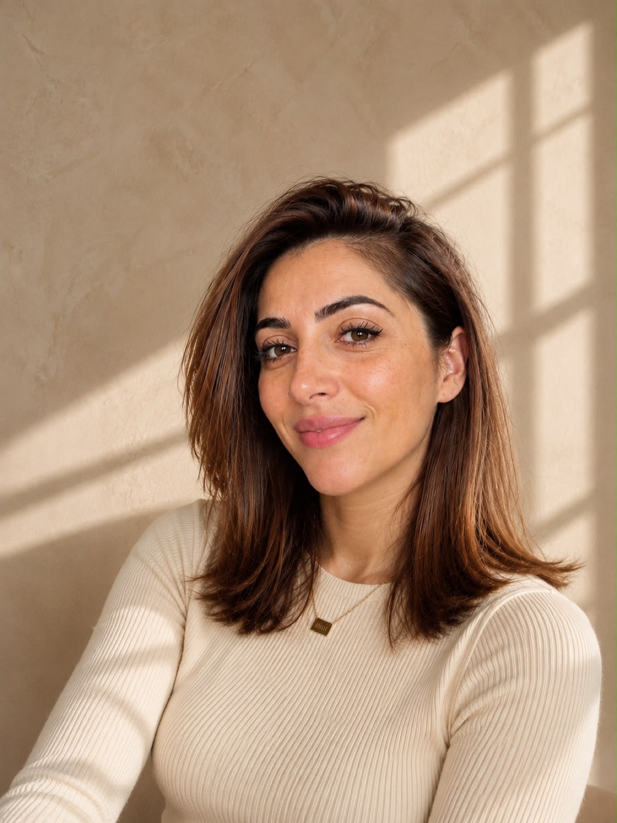 Adela Shkembi, Inhaberin von Pura Donna Studio, im warmen Fensterlicht